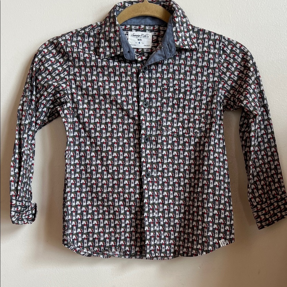 Sovereign Code llama Kids Button Shirt - Black and White with Christmas scarf